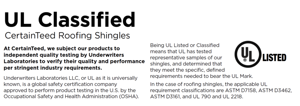 Typical Product Description Showing the Certifications and Approval on Asphalt Shingles